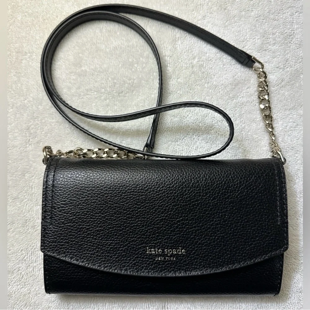 NEW! Kate Spade Eva Wallet On A Chain – Black Pebbled Leather - Picture 6 of 9